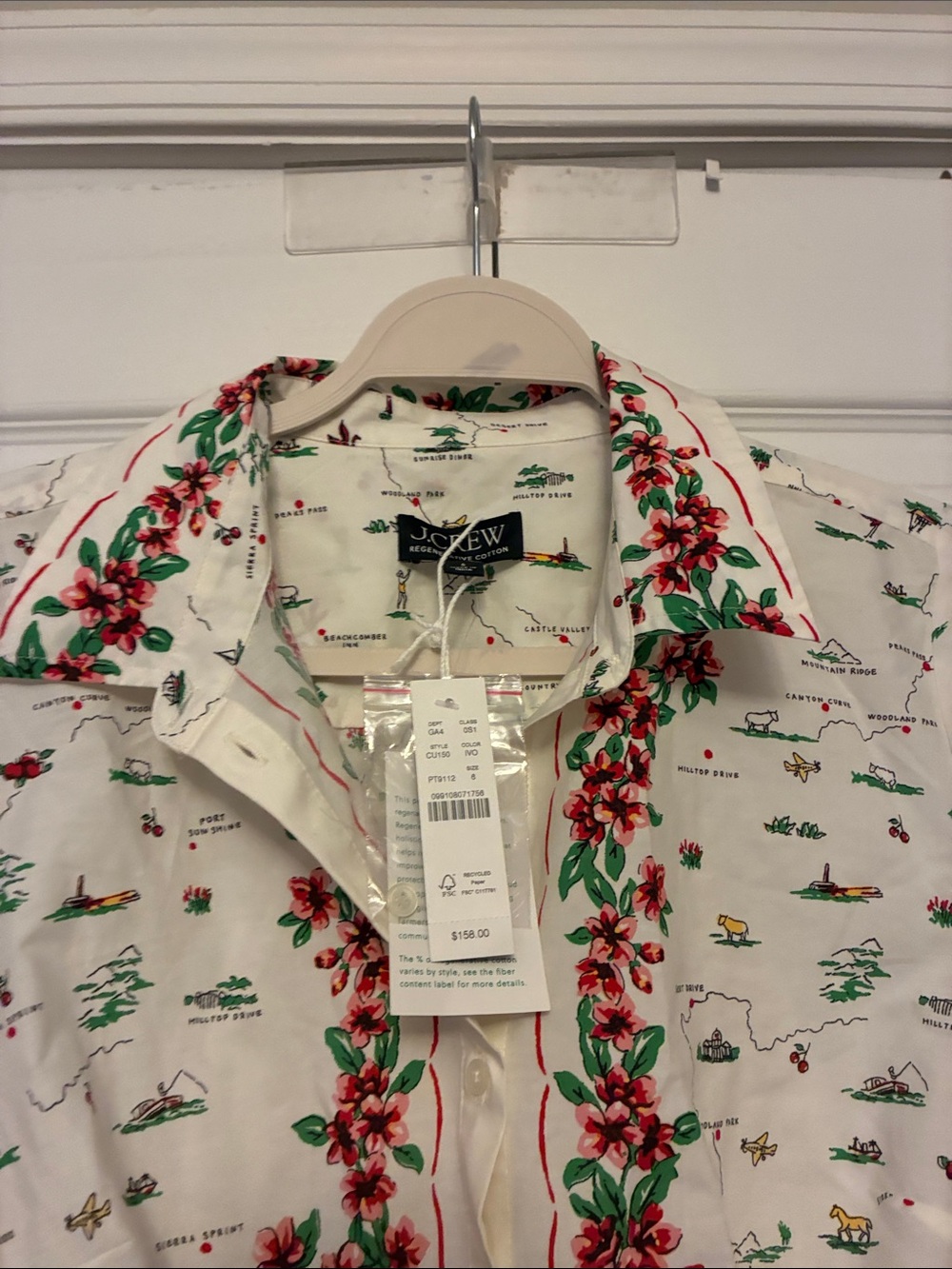 J. Crew Cream Shirt Dress with Red Floral Trim and Green Accents - Picture 6 of 10